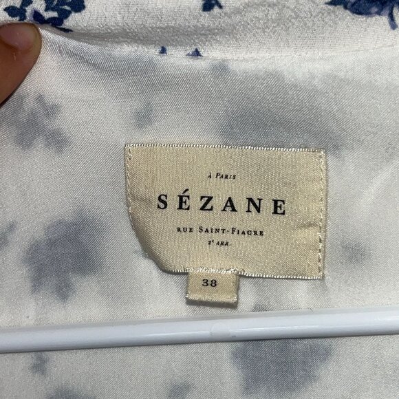 Sezane Aurora Dress White Floral Button-Up Dress blue rose 38 6 tiered short - Picture 6 of 10